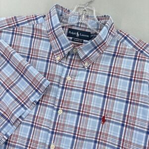 Ralph Lauren Shirt Mens 2XL Blue Red Plaid Classic Fit Button Down Short Sleeve
